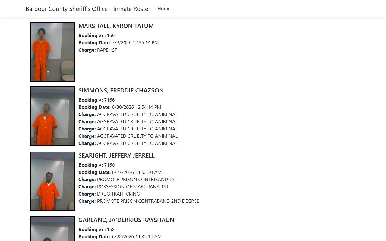 Barbour County inmate roster showing booking photos and charge fields