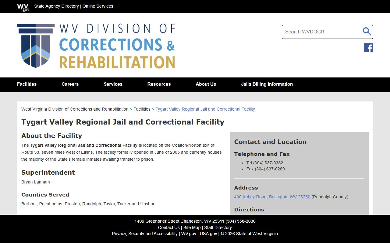 Tygart Valley Regional Jail facility page for Barbour County inmate population