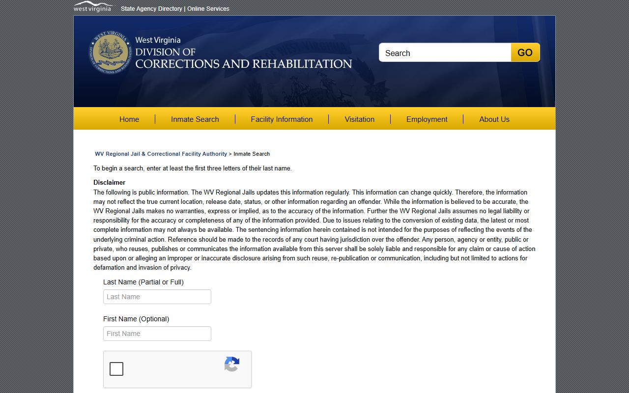 WV Regional Jail offender search form for Barbour County inmate lookup